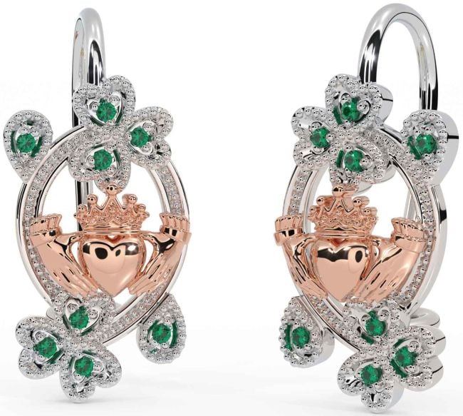 Diamond Rose Gold Silver Claddagh Shamrock Dangle Earrings