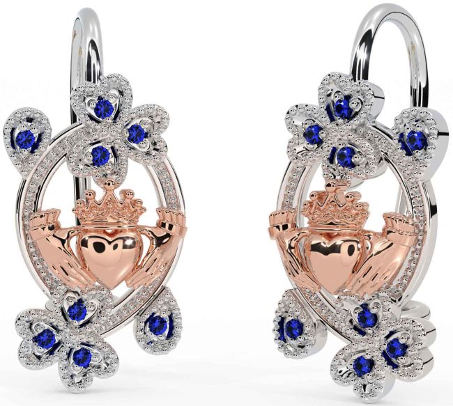 Diamond Rose Gold Silver Claddagh Shamrock Dangle Earrings