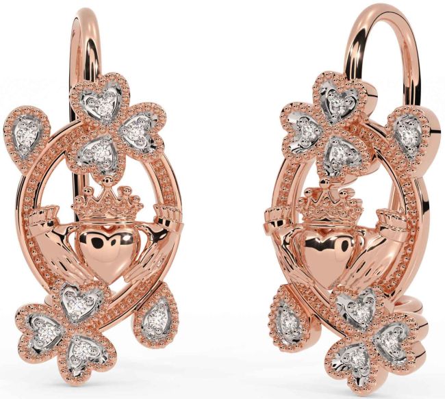 Diamond Rose Gold Claddagh Shamrock Dangle Earrings