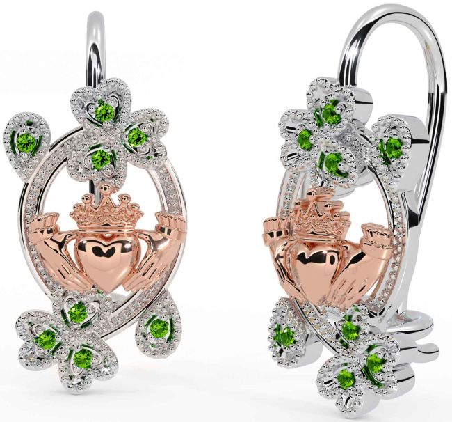 Diamond Rose Gold Silver Claddagh Shamrock Dangle Earrings