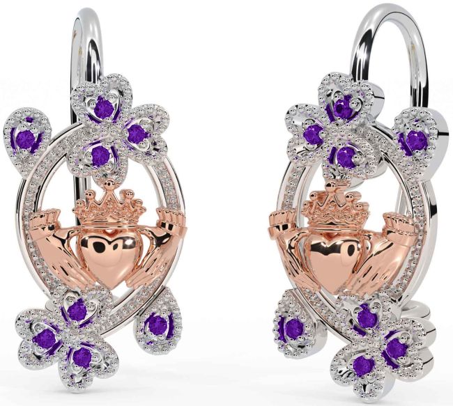 Diamond White Rose Gold Claddagh Shamrock Dangle Earrings