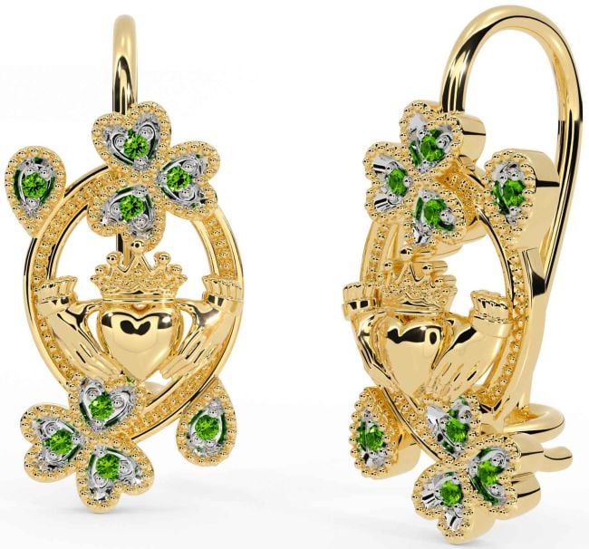 Diamond Gold Claddagh Shamrock Dangle Earrings