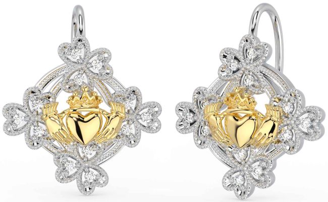 Diamond Gold Silver Claddagh Shamrock Dangle Earrings