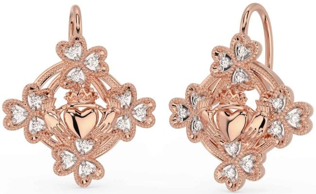 Diamond Rose Gold Claddagh Shamrock Dangle Earrings