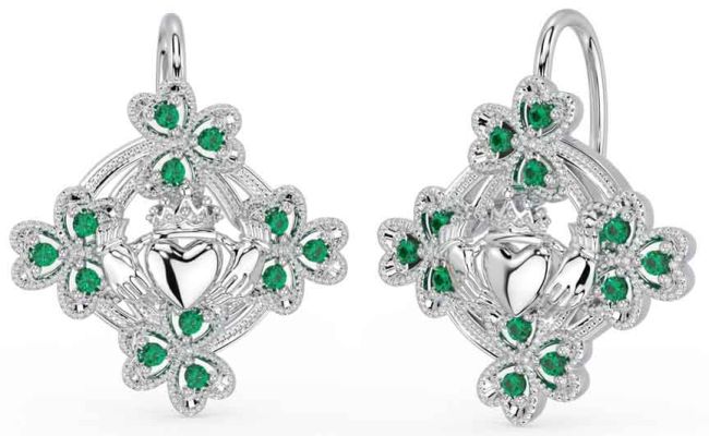 Diamond White Gold Claddagh Shamrock Dangle Earrings