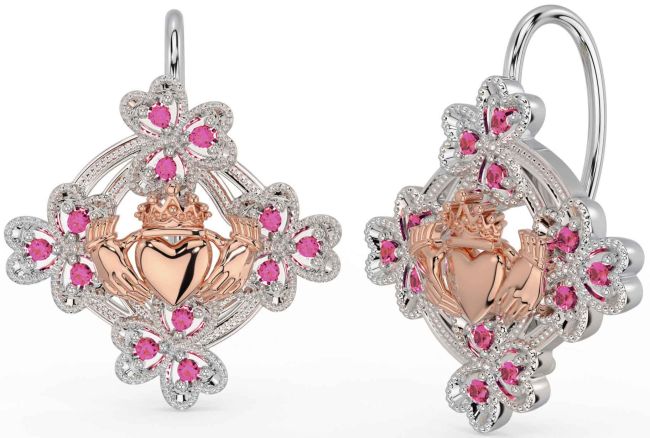 Diamond White Rose Gold Claddagh Shamrock Dangle Earrings