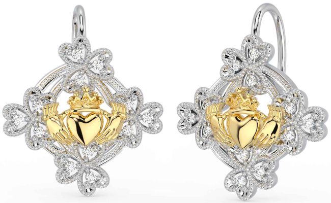 Diamond White Yellow Gold Claddagh Shamrock Dangle Earrings