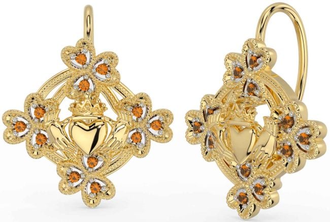 Diamond Gold Claddagh Shamrock Dangle Earrings