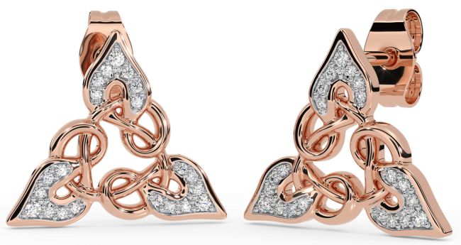 Diamond Rose Gold Silver Celtic Trinity Knot Stud Earrings