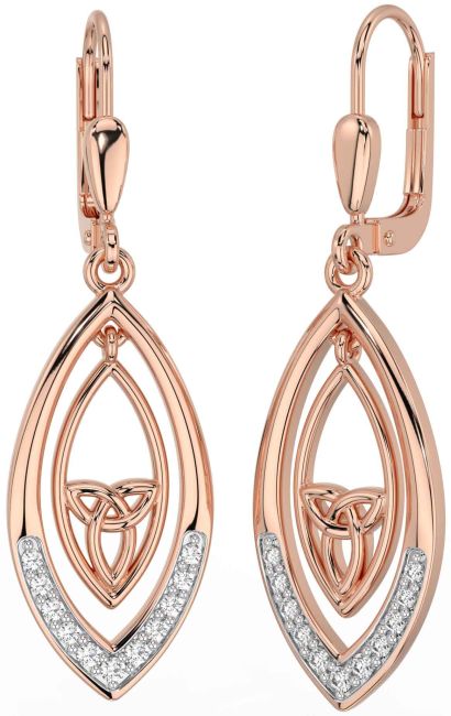 Diamond Rose Gold Silver Celtic Trinity Knot Dangle Earrings