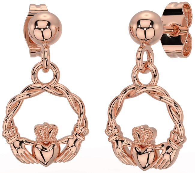 Rose Gold Celtic Claddagh Dangle Earrings