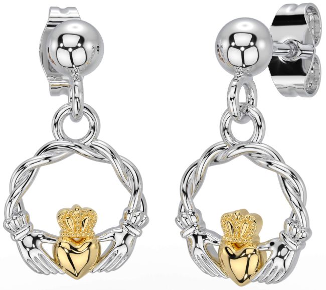 Gold Silver Celtic Claddagh Dangle Earrings
