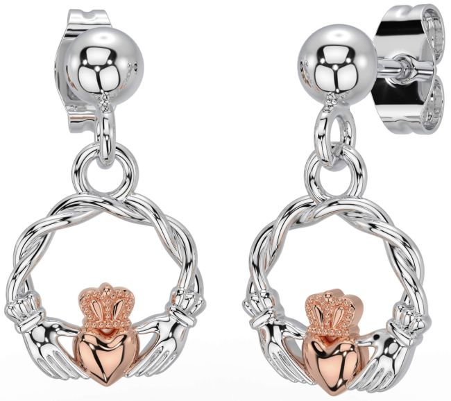 White Rose Gold Celtic Claddagh Dangle Earrings