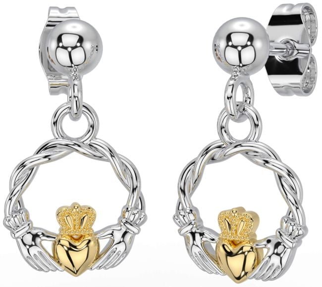 White Yellow Gold Celtic Claddagh Dangle Earrings