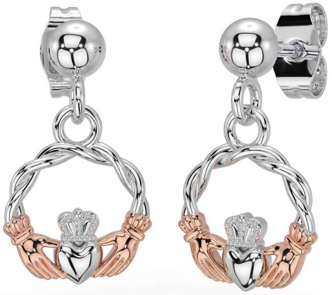 White Rose Gold Celtic Claddagh Dangle Earrings