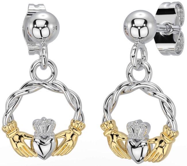 White Yellow Gold Celtic Claddagh Dangle Earrings