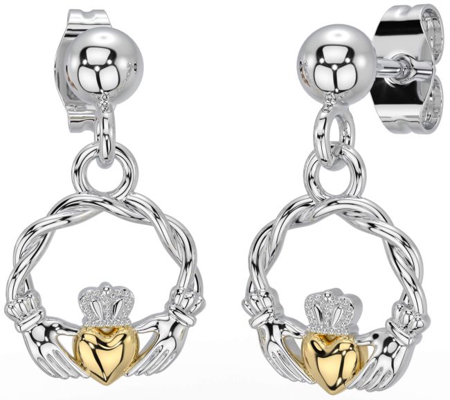 White Yellow Gold Celtic Claddagh Dangle Earrings