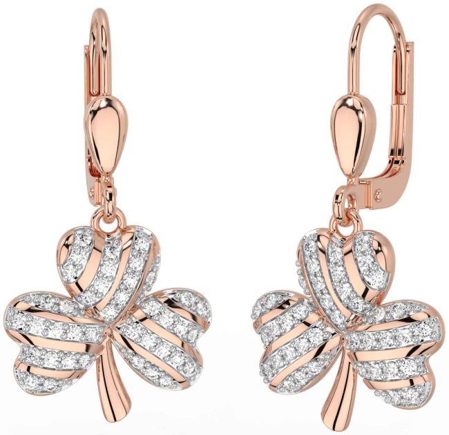 Diamond Rose Gold Silver Shamrock Dangle Earrings