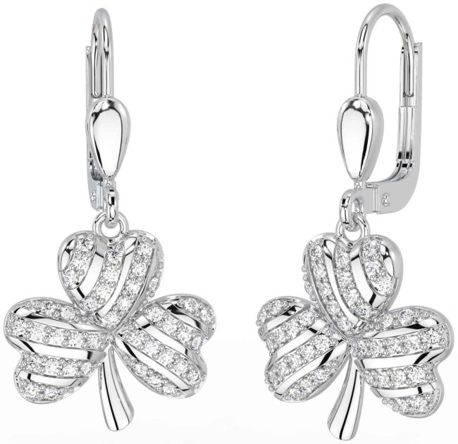 Diamond Silver Shamrock Dangle Earrings