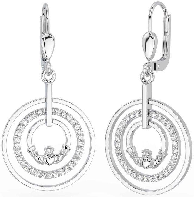 Diamond Silver Claddagh Dangle Earrings