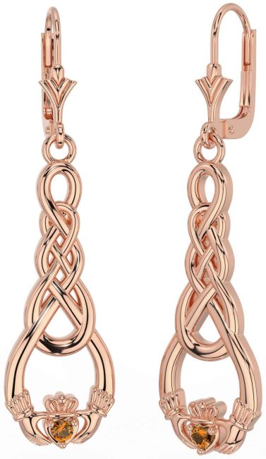 Citrin Rose Gold Silber keltisch Claddagh Baumeln Ohrringe