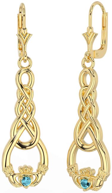 Aquamarine Gold Silver Celtic Claddagh Dangle Earrings