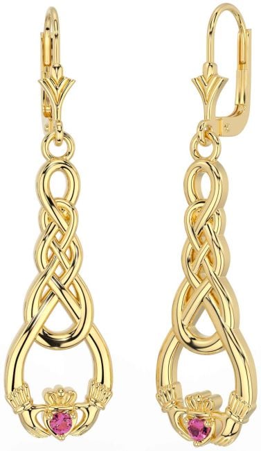 Pink Tourmaline Gold Silver Celtic Claddagh Dangle Earrings