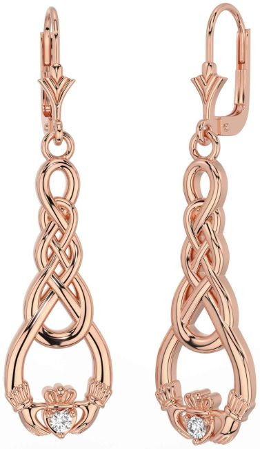 Diamond Rose Gold Celtic Claddagh Dangle Earrings