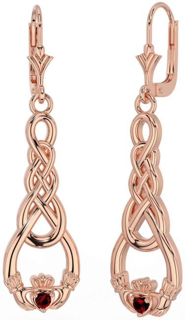 Garnet Rose Gold Celtic Claddagh Dangle Earrings