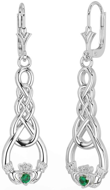 Emerald Silver Celtic Claddagh Dangle Earrings