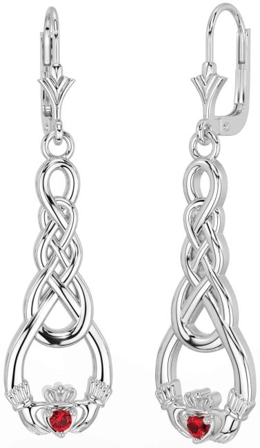 Ruby Silver Celtic Claddagh Dangle Earrings