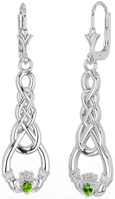 Peridot White Gold Celtic Claddagh Dangle Earrings