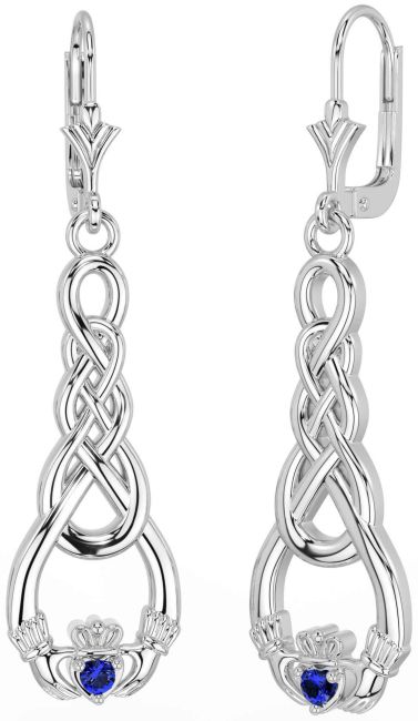 Sapphire White Gold Celtic Claddagh Dangle Earrings