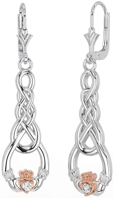 Diamond White Rose Gold Celtic Claddagh Dangle Earrings