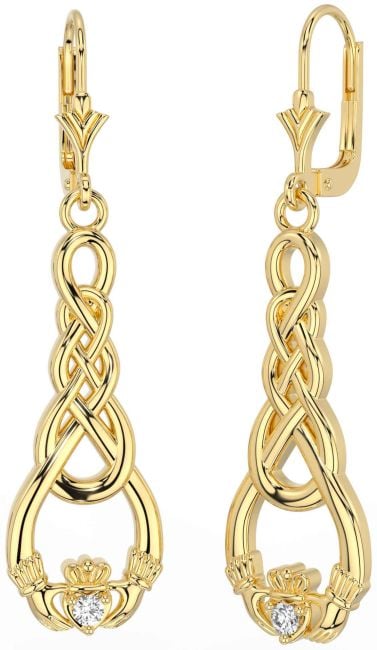 Diamond Gold Celtic Claddagh Dangle Earrings