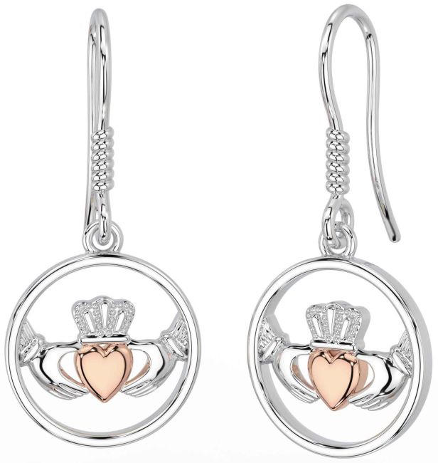 Rose Gold Silver Claddagh Dangle Earrings