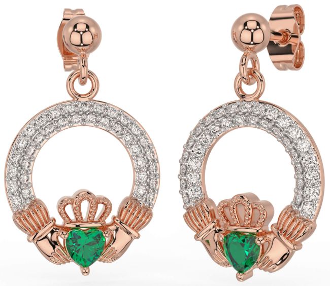 Diamond Emerald Rose Gold Silver Claddagh Dangle Earrings