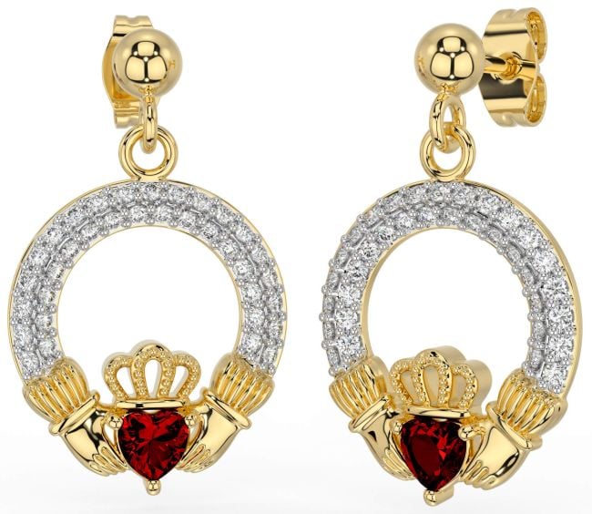 Diamond Garnet Gold Silver Claddagh Dangle Earrings