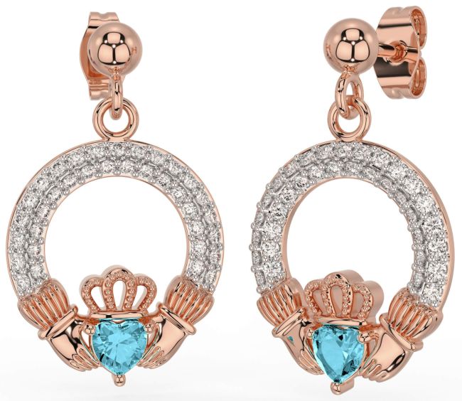 Diamond Aquamarine Rose Gold Claddagh Dangle Earrings