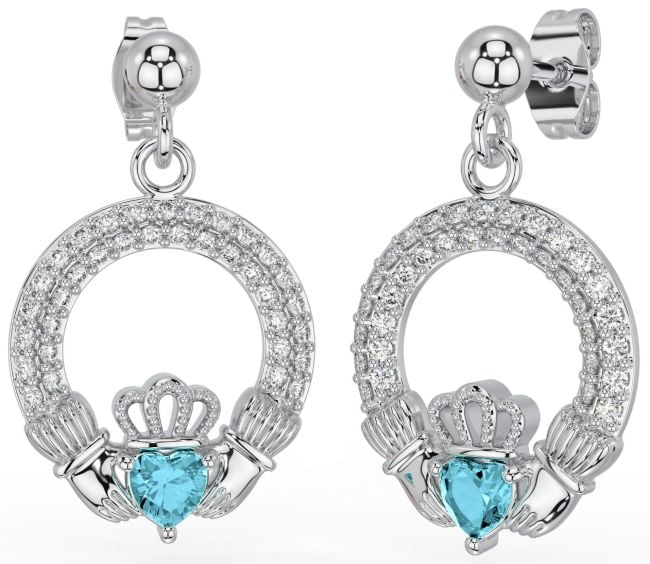 Diamond Aquamarine Silver Claddagh Dangle Earrings