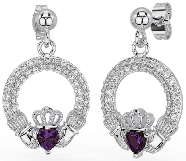 Diamond Alexandrite Silver Claddagh Dangle Earrings