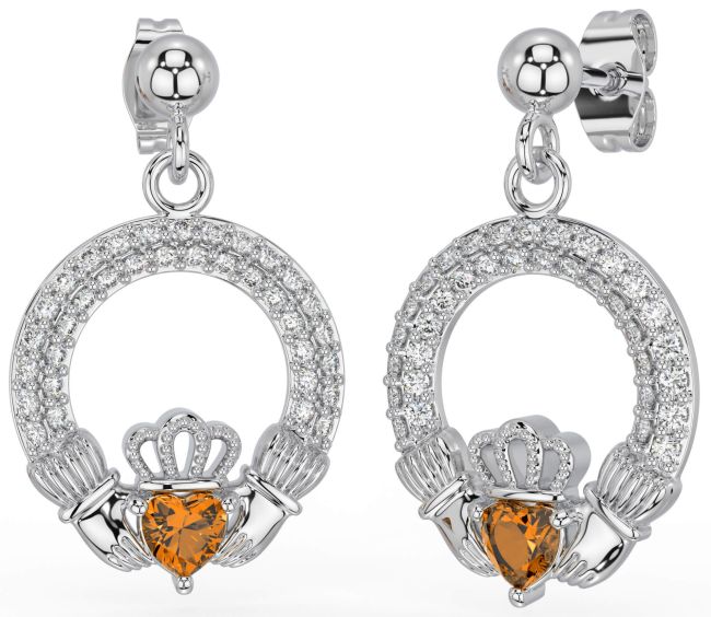 Diamond Citrine Silver Claddagh Dangle Earrings