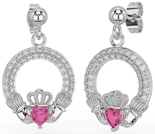 Diamond Pink Tourmaline Silver Claddagh Dangle Earrings