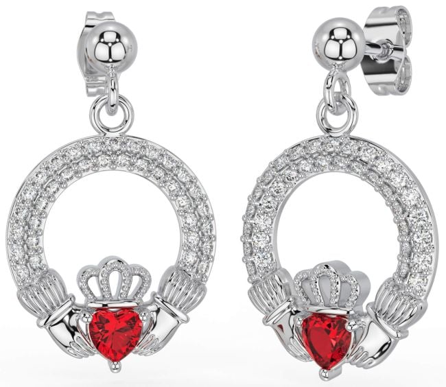 Diamond Ruby Silver Claddagh Dangle Earrings