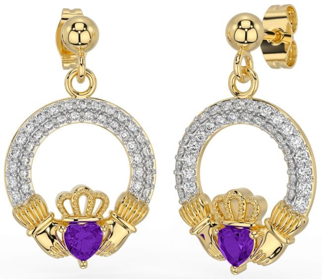 Diamond Amethyst Gold Claddagh Dangle Earrings