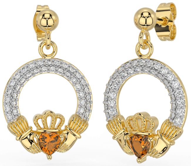Diamond Citrine Gold Claddagh Dangle Earrings