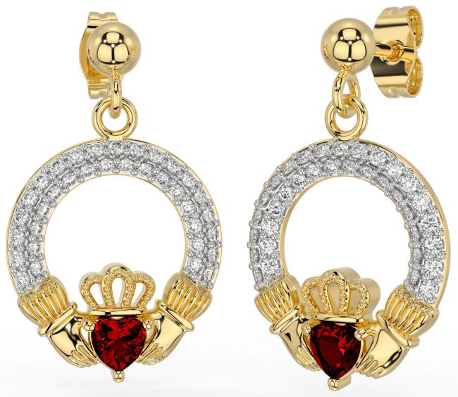 Diamond Garnet Gold Claddagh Dangle Earrings