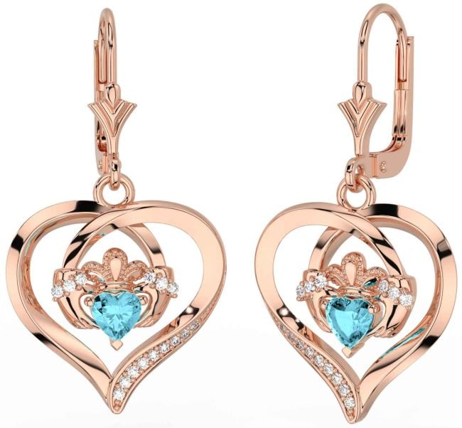 Diamond Aquamarine Rose Gold Silver Claddagh Heart Dangle Earrings