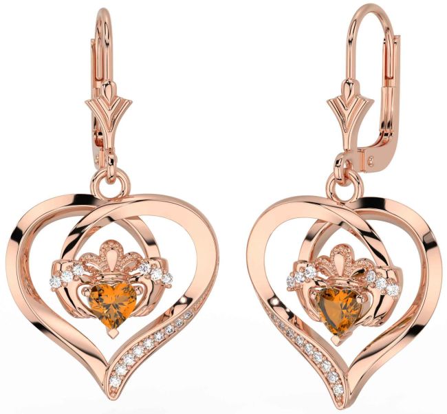 Diamond Citrine Rose Gold Silver Claddagh Heart Dangle Earrings