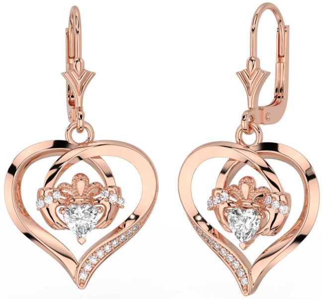 Diamond Rose Gold Silver Claddagh Heart Dangle Earrings